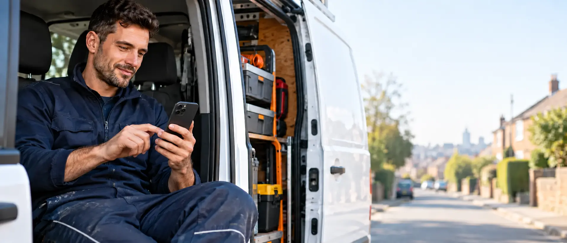 Tradesperson checking his phone while safely parked in his work van